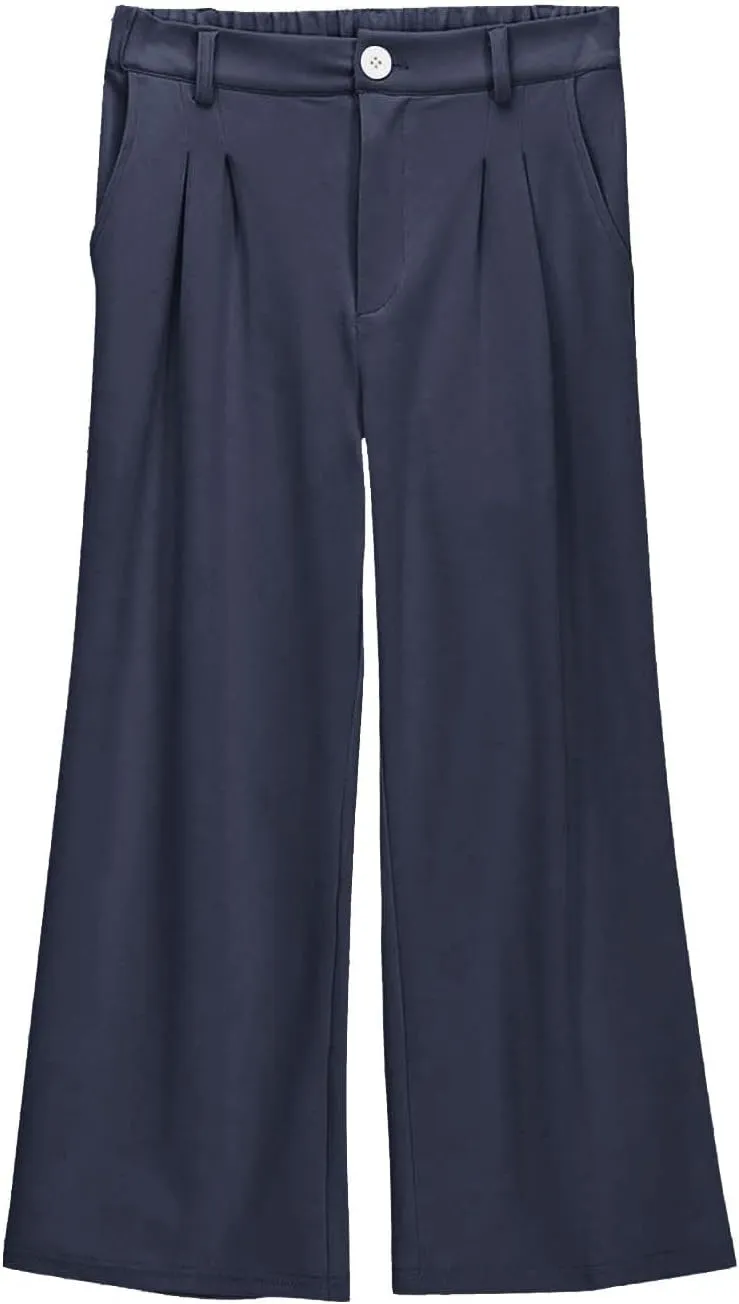 Teen Girls Dress Pants Pull On Relaxed Fit Trousers Straight Leg High Waisted Loose Fit Solid Color Pants with Pockets