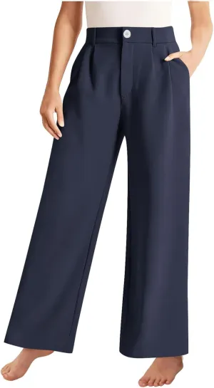 Teen Girls Dress Pants Pull On Relaxed Fit Trousers Straight Leg High Waisted Loose Fit Solid Color Pants with Pockets