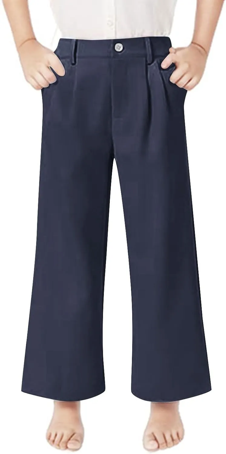 Teen Girls Dress Pants Pull On Relaxed Fit Trousers Straight Leg High Waisted Loose Fit Solid Color Pants with Pockets