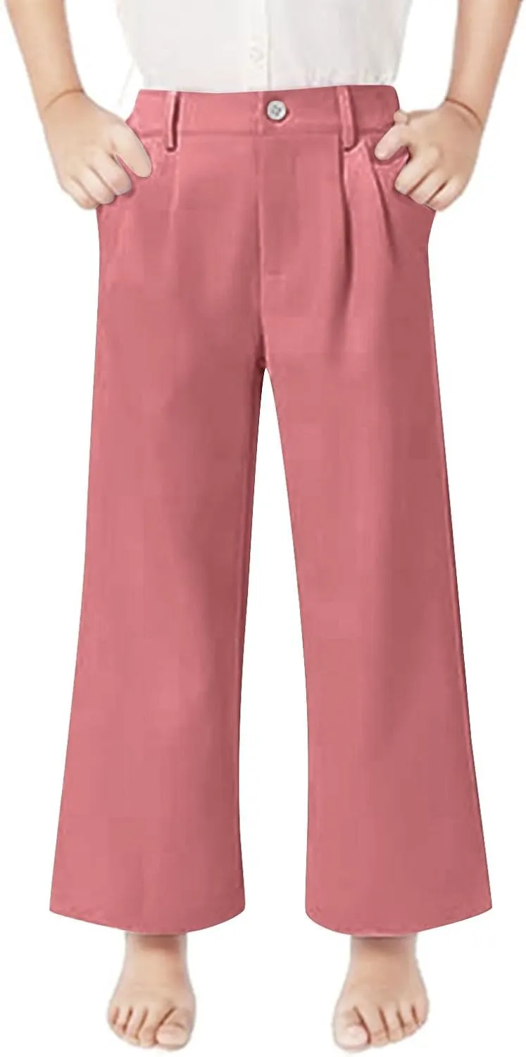 Teen Girls Dress Pants Pull On Relaxed Fit Trousers Straight Leg High Waisted Loose Fit Solid Color Pants with Pockets