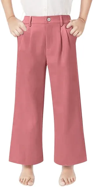 Teen Girls Dress Pants Pull On Relaxed Fit Trousers Straight Leg High Waisted Loose Fit Solid Color Pants with Pockets
