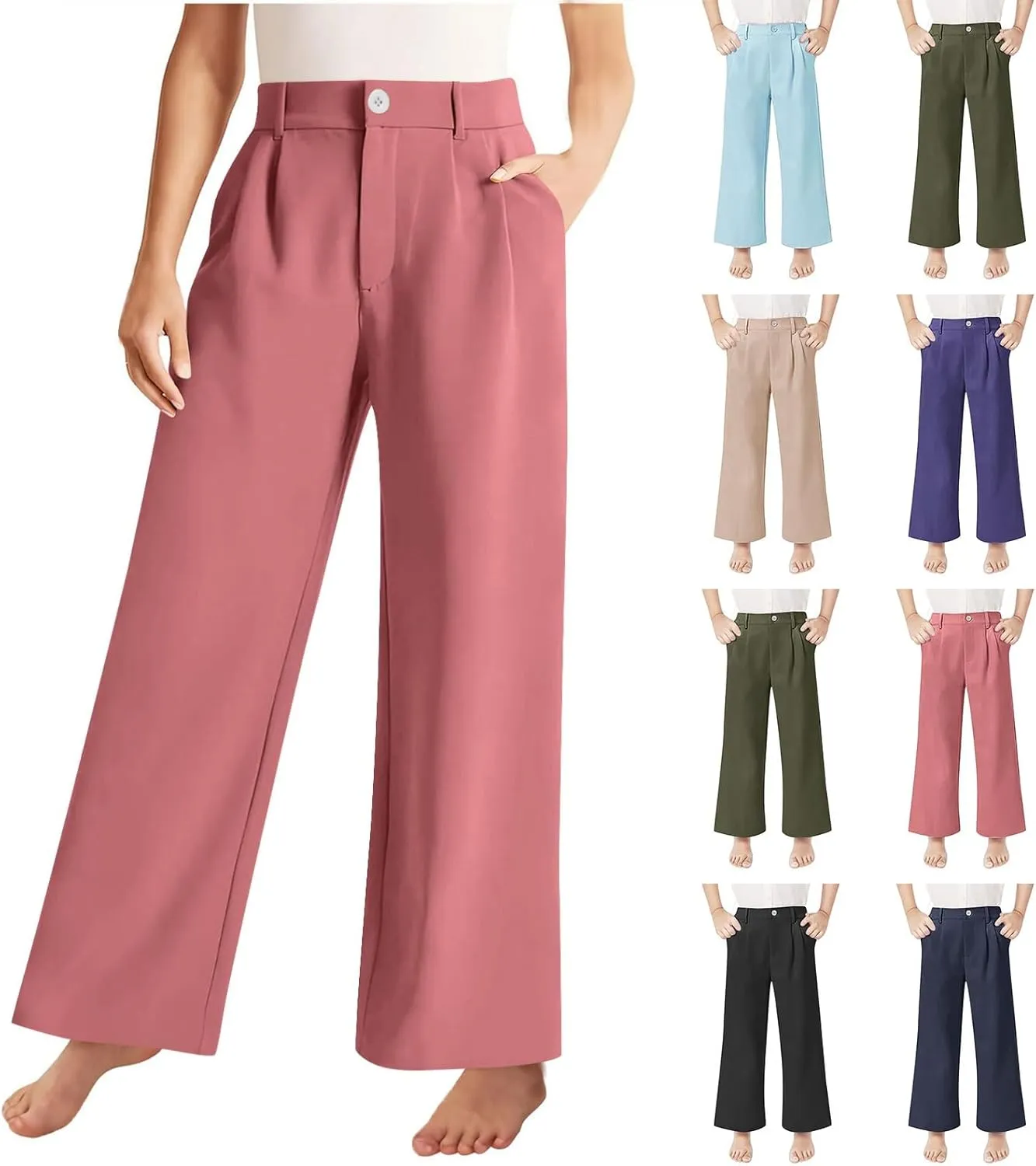 Teen Girls Dress Pants Pull On Relaxed Fit Trousers Straight Leg High Waisted Loose Fit Solid Color Pants with Pockets