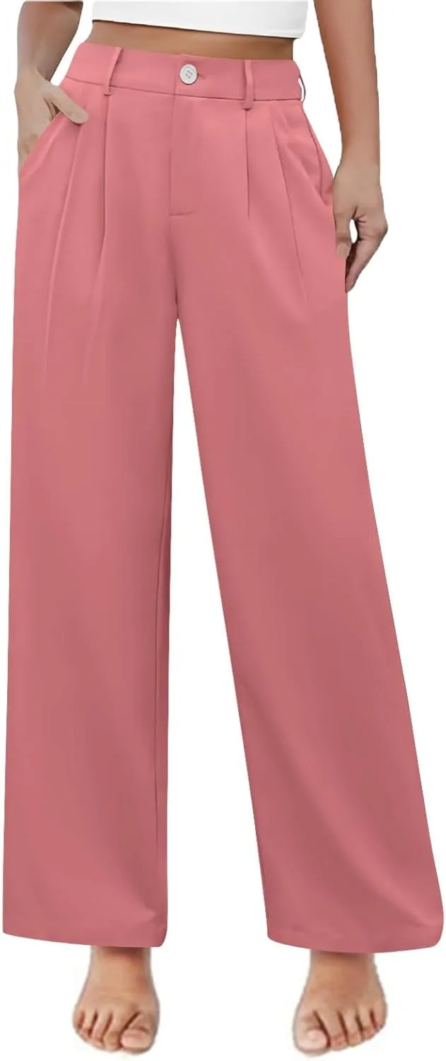 Teen Girls Dress Pants Pull On Relaxed Fit Trousers Straight Leg High Waisted Loose Fit Solid Color Pants with Pockets