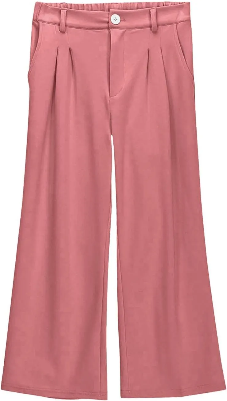 Teen Girls Dress Pants Pull On Relaxed Fit Trousers Straight Leg High Waisted Loose Fit Solid Color Pants with Pockets