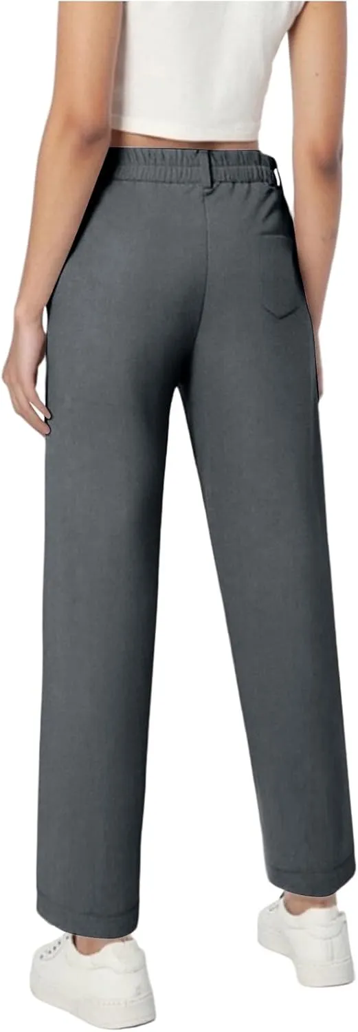 Teen Girls Straight-Fit Chino Pants Casual Stretch Flat-Front Dress Pants Elastic Waist Trousers with Pockets