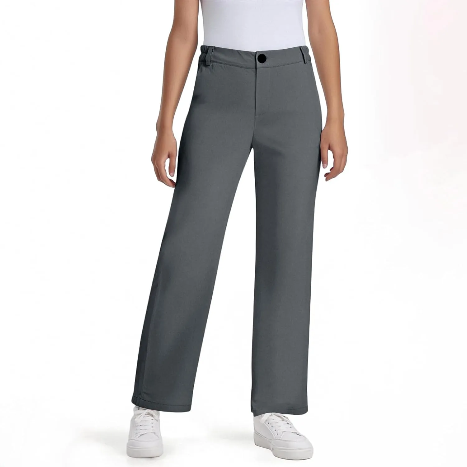 Teen Girls Straight-Fit Chino Pants Casual Stretch Flat-Front Dress Pants Elastic Waist Trousers with Pockets