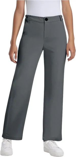 Teen Girls Straight-Fit Chino Pants Casual Stretch Flat-Front Dress Pants Elastic Waist Trousers with Pockets