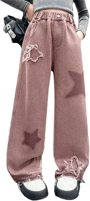 Teen Youth Casual Wide Leg Jean Pants for Girls Hip Hop Ripped Star Denim Pants Cute Stretch Casual Pants with Pockets