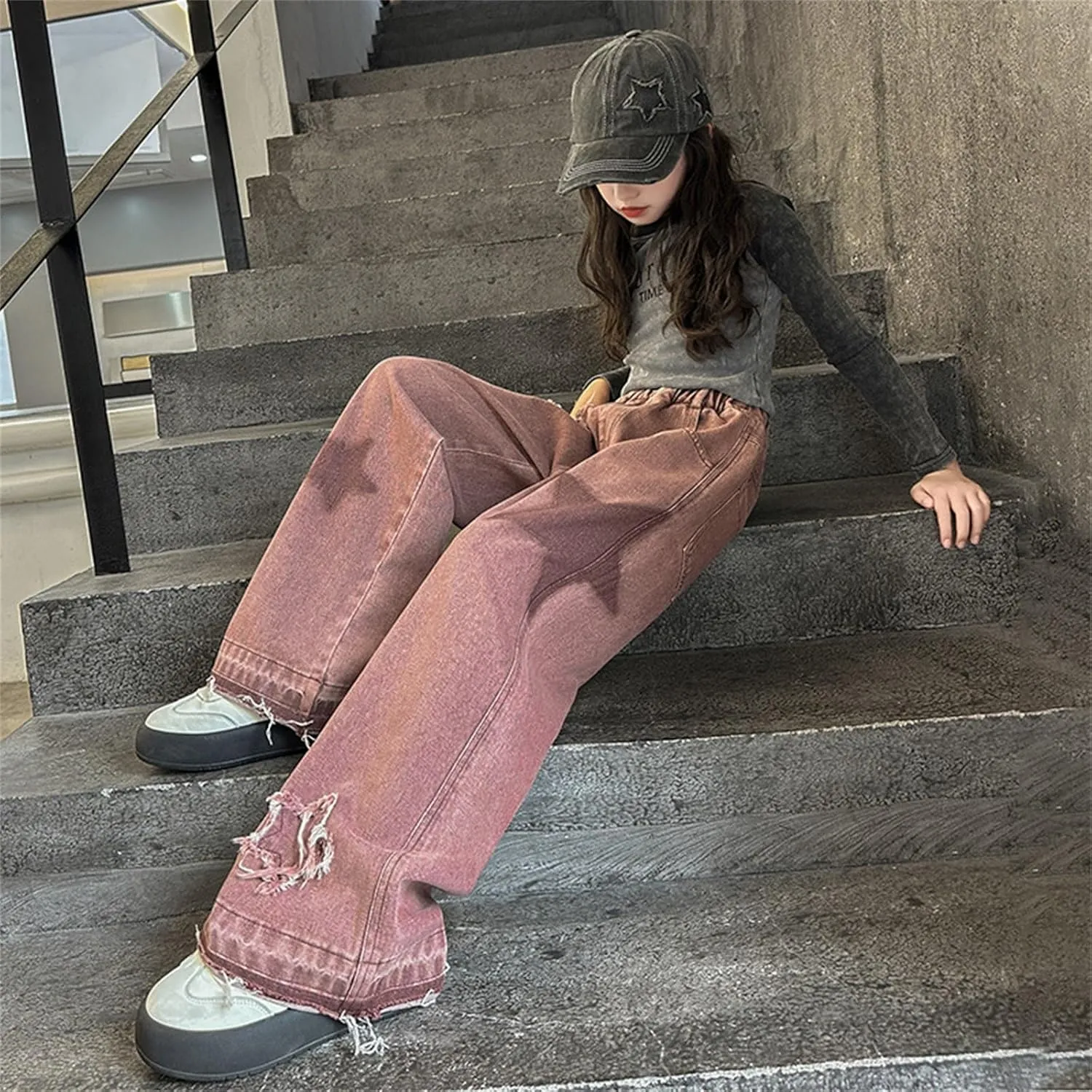 Teen Youth Casual Wide Leg Jean Pants for Girls Hip Hop Ripped Star Denim Pants Cute Stretch Casual Pants with Pockets