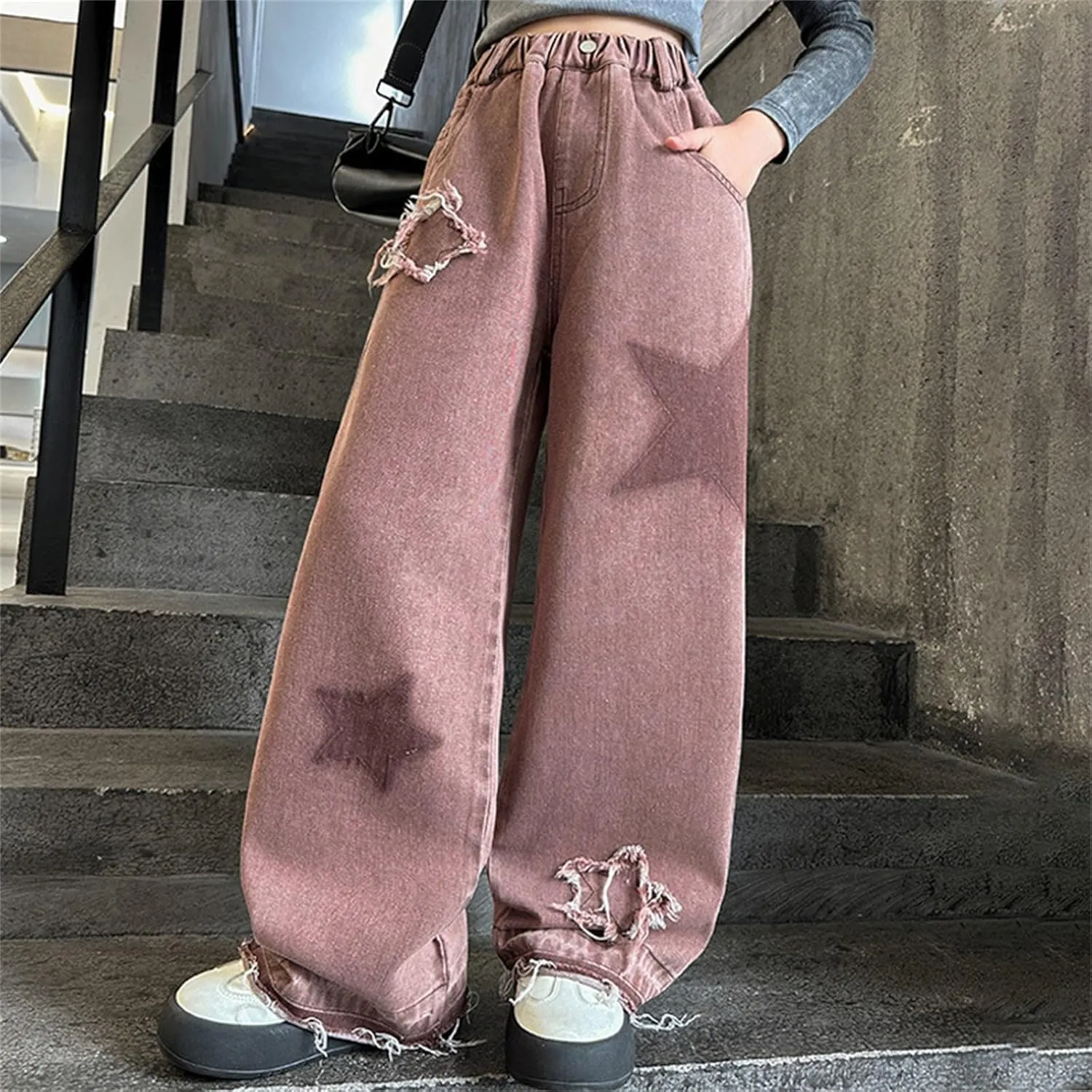 Teen Youth Casual Wide Leg Jean Pants for Girls Hip Hop Ripped Star Denim Pants Cute Stretch Casual Pants with Pockets