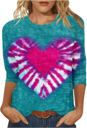 Tie Dyed Hippie Heart Shirts Womens Tops Tshirts Three Quarter 3/4 Sleeve Cute Tees Hip Hop Streetwear Apparel Clothes
