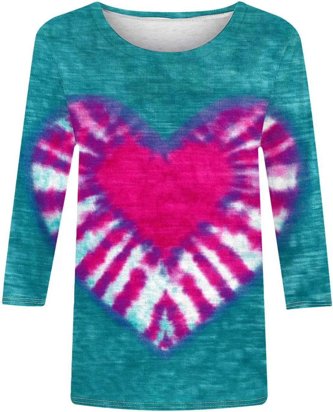 Tie Dyed Hippie Heart Shirts Womens Tops Tshirts Three Quarter 3/4 Sleeve Cute Tees Hip Hop Streetwear Apparel Clothes