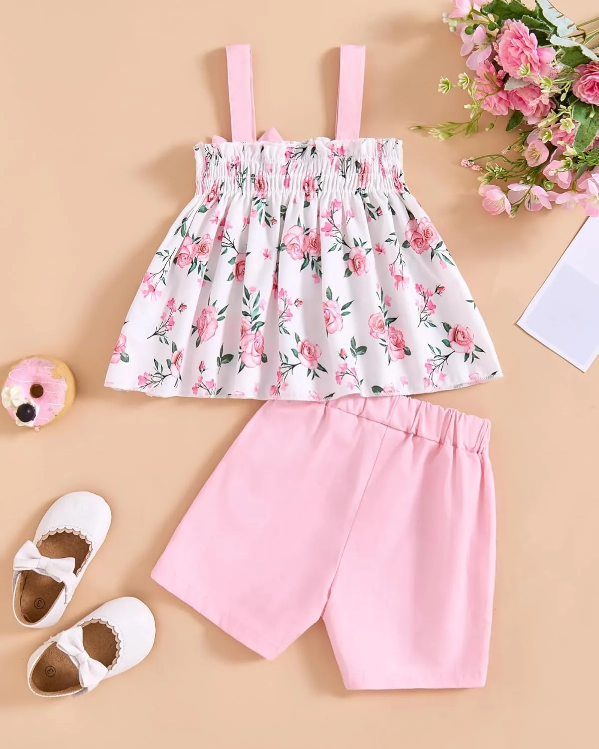 Toddler Baby Girl Clothes Smocked Sleeveless Halter Top Floral Rainbow Camisole Short Sets Spring Summer Baby Girl Outfit
