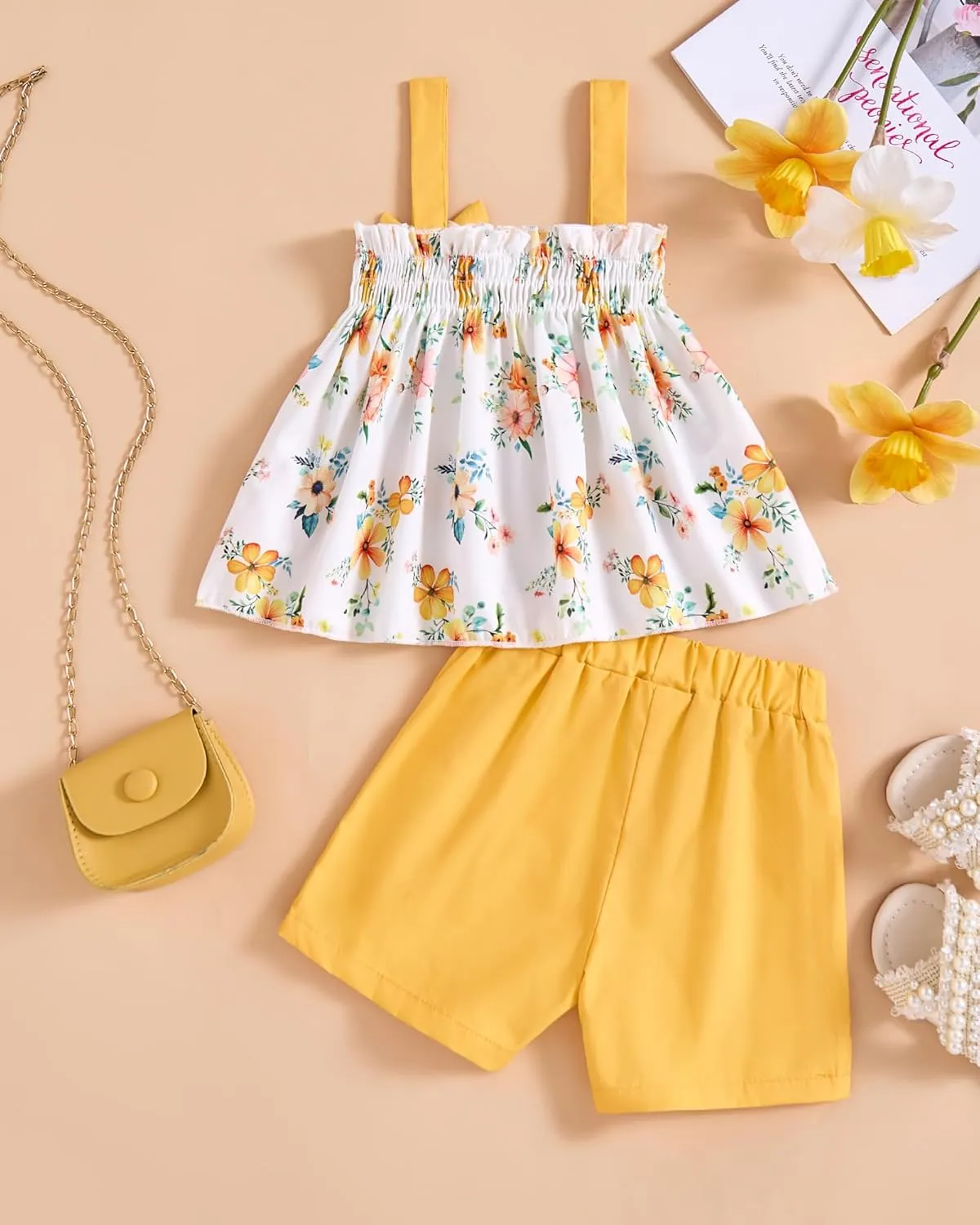 Toddler Baby Girl Clothes Smocked Sleeveless Halter Top Floral Rainbow Camisole Short Sets Spring Summer Baby Girl Outfit