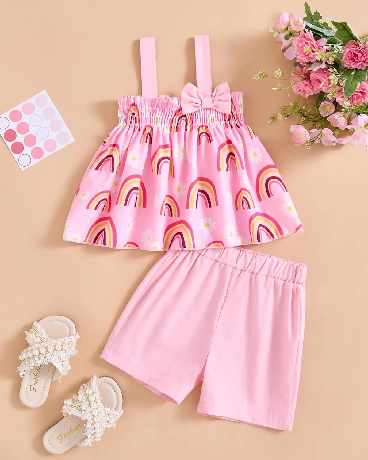 Toddler Baby Girl Clothes Smocked Sleeveless Halter Top Floral Rainbow Camisole Short Sets Spring Summer Baby Girl Outfit
