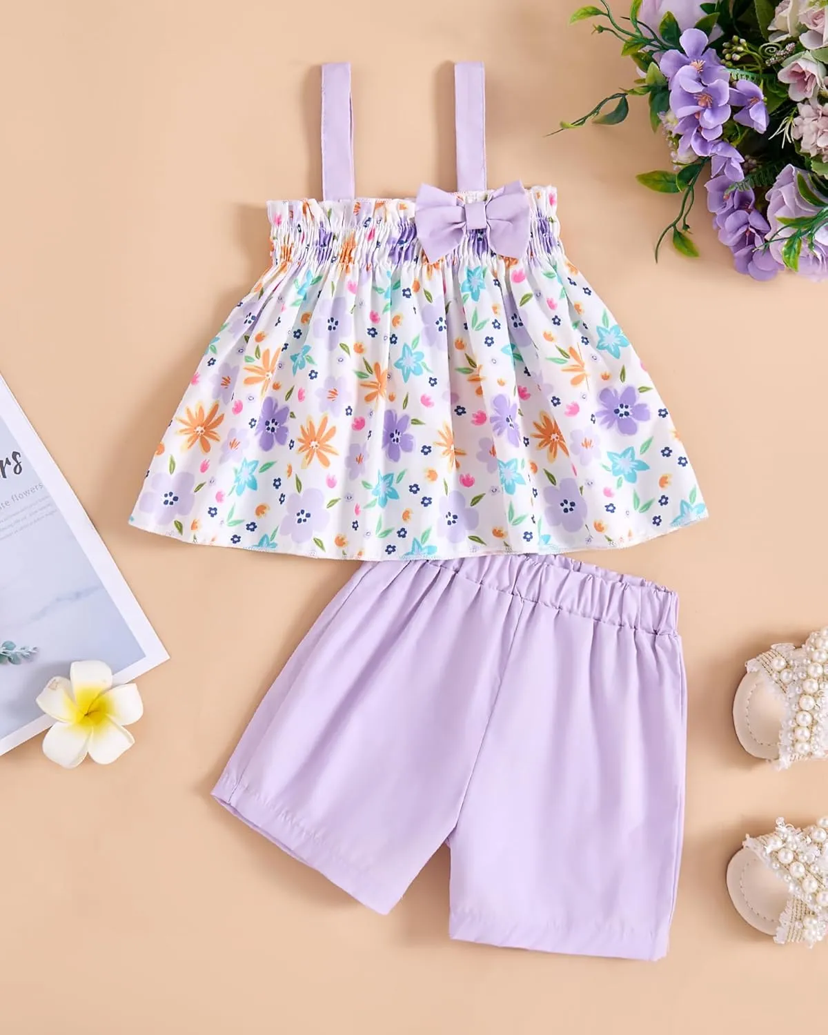 Toddler Baby Girl Clothes Smocked Sleeveless Halter Top Floral Rainbow Camisole Short Sets Spring Summer Baby Girl Outfit