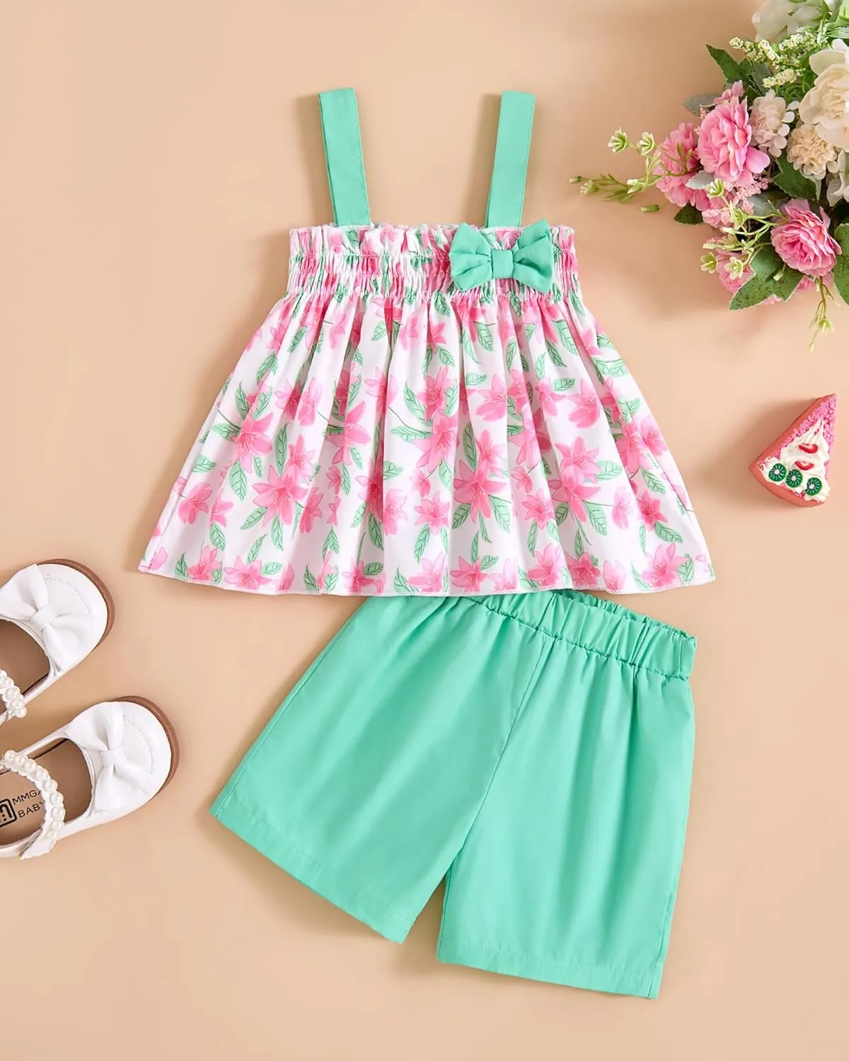 Toddler Baby Girl Clothes Smocked Sleeveless Halter Top Floral Rainbow Camisole Short Sets Spring Summer Baby Girl Outfit