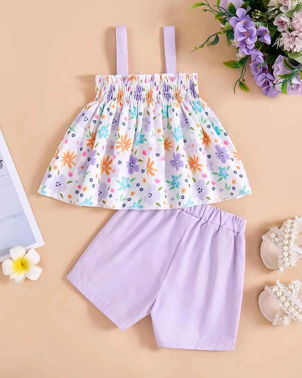 Toddler Baby Girl Clothes Smocked Sleeveless Halter Top Floral Rainbow Camisole Short Sets Spring Summer Baby Girl Outfit