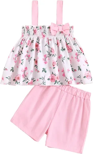Toddler Baby Girl Clothes Smocked Sleeveless Halter Top Floral Rainbow Camisole Short Sets Spring Summer Baby Girl Outfit