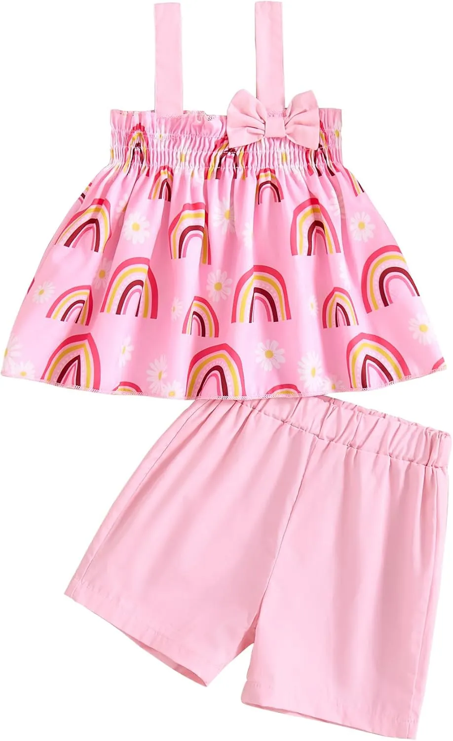 Toddler Baby Girl Clothes Smocked Sleeveless Halter Top Floral Rainbow Camisole Short Sets Spring Summer Baby Girl Outfit