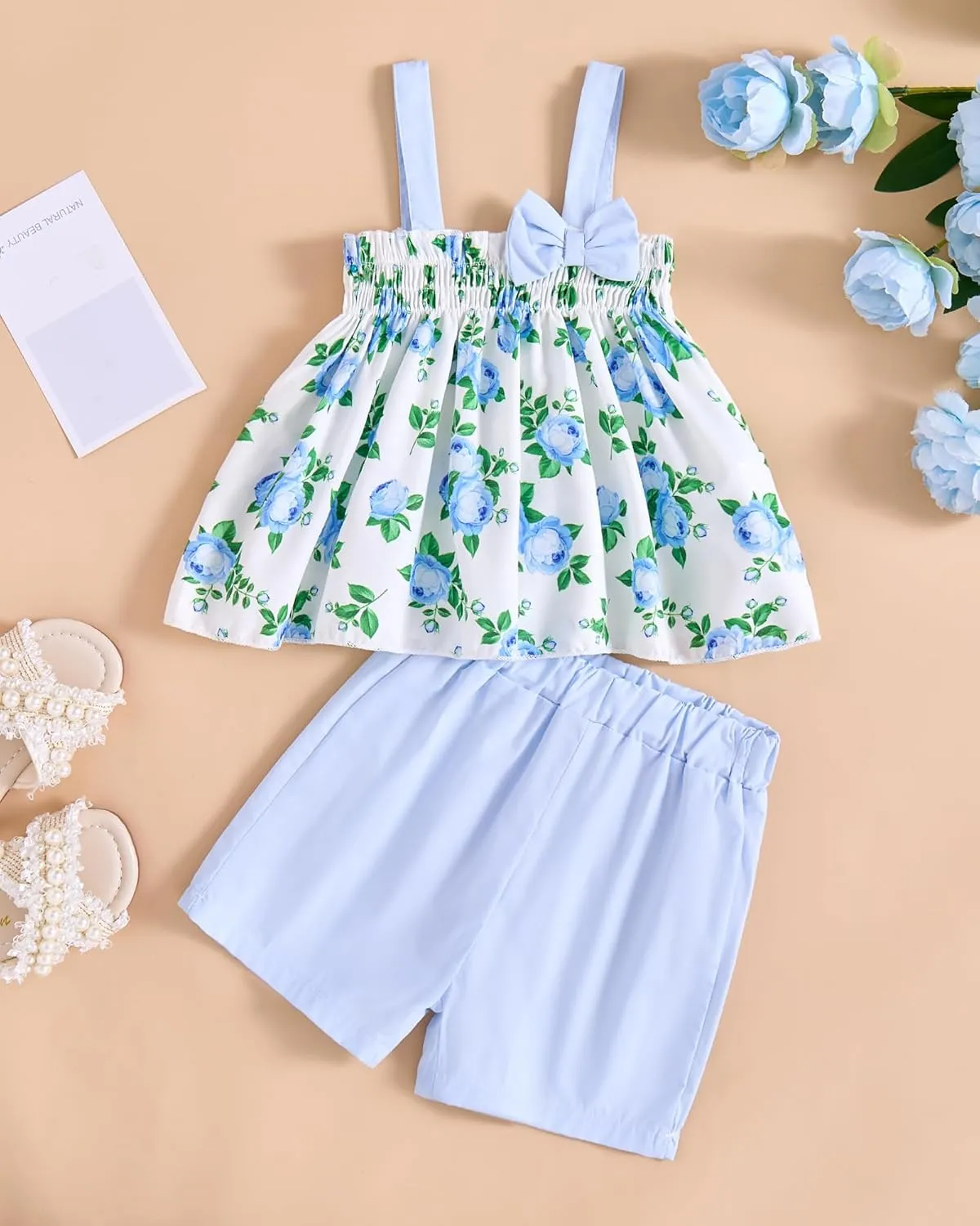 Toddler Baby Girl Clothes Smocked Sleeveless Halter Top Floral Rainbow Camisole Short Sets Spring Summer Baby Girl Outfit