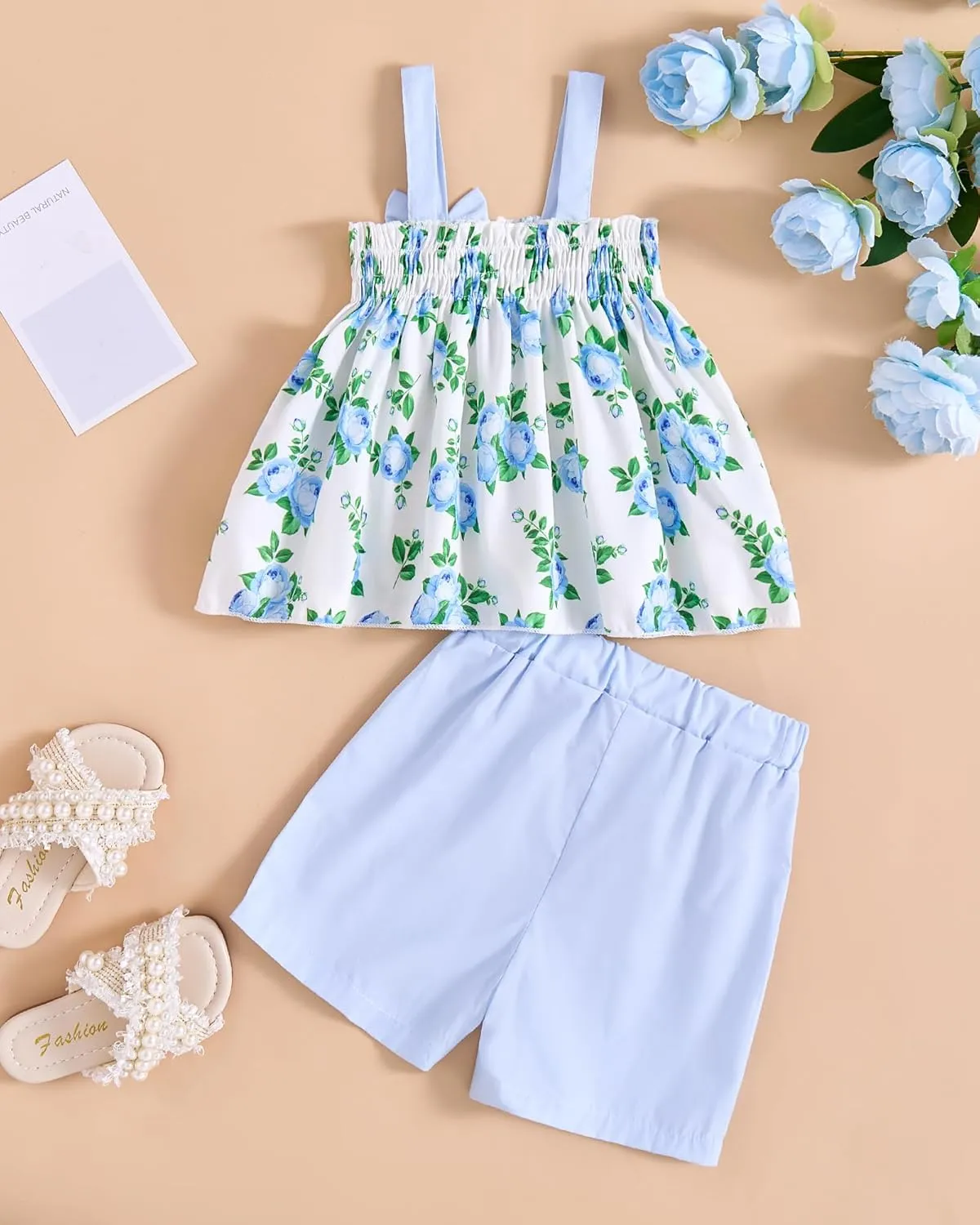 Toddler Baby Girl Clothes Smocked Sleeveless Halter Top Floral Rainbow Camisole Short Sets Spring Summer Baby Girl Outfit