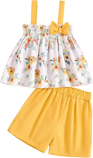 Toddler Baby Girl Clothes Smocked Sleeveless Halter Top Floral Rainbow Camisole Short Sets Spring Summer Baby Girl Outfit