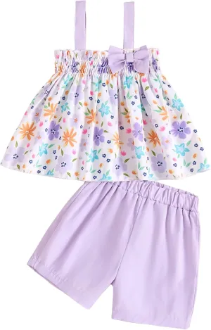 Toddler Baby Girl Clothes Smocked Sleeveless Halter Top Floral Rainbow Camisole Short Sets Spring Summer Baby Girl Outfit