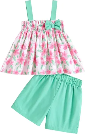 Toddler Baby Girl Clothes Smocked Sleeveless Halter Top Floral Rainbow Camisole Short Sets Spring Summer Baby Girl Outfit
