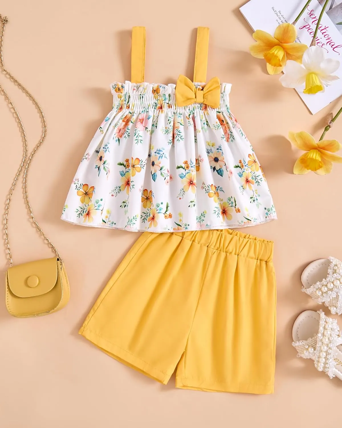 Toddler Baby Girl Clothes Smocked Sleeveless Halter Top Floral Rainbow Camisole Short Sets Spring Summer Baby Girl Outfit