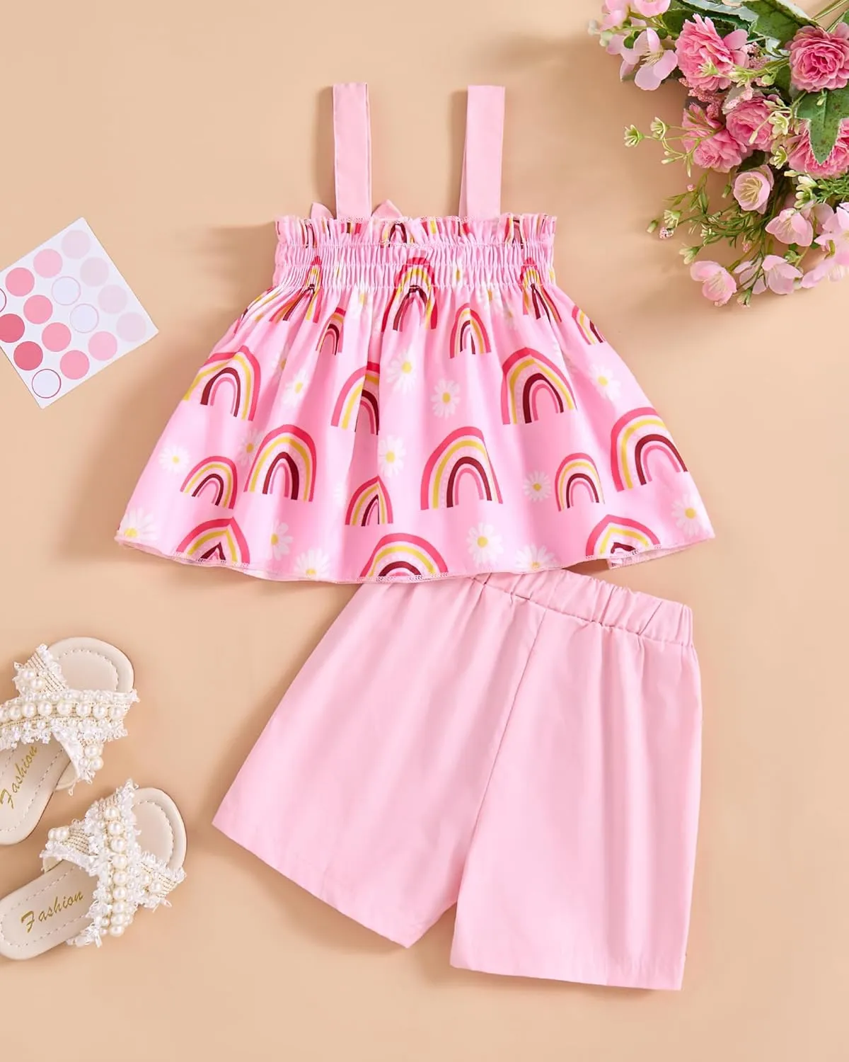 Toddler Baby Girl Clothes Smocked Sleeveless Halter Top Floral Rainbow Camisole Short Sets Spring Summer Baby Girl Outfit