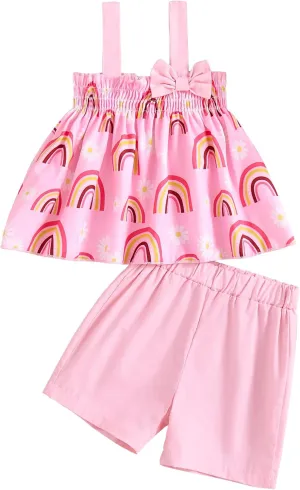 Toddler Baby Girl Clothes Smocked Sleeveless Halter Top Floral Rainbow Camisole Short Sets Spring Summer Baby Girl Outfit