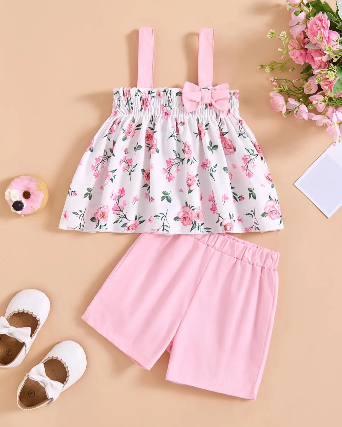 Toddler Baby Girl Clothes Smocked Sleeveless Halter Top Floral Rainbow Camisole Short Sets Spring Summer Baby Girl Outfit