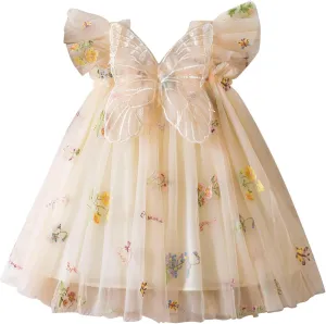 Toddler Baby Girl Tutu Dresses Ruffle Sleeve Butterfly Embroidery Mesh Tiered Birthday Dresses Kids Summer Clothes