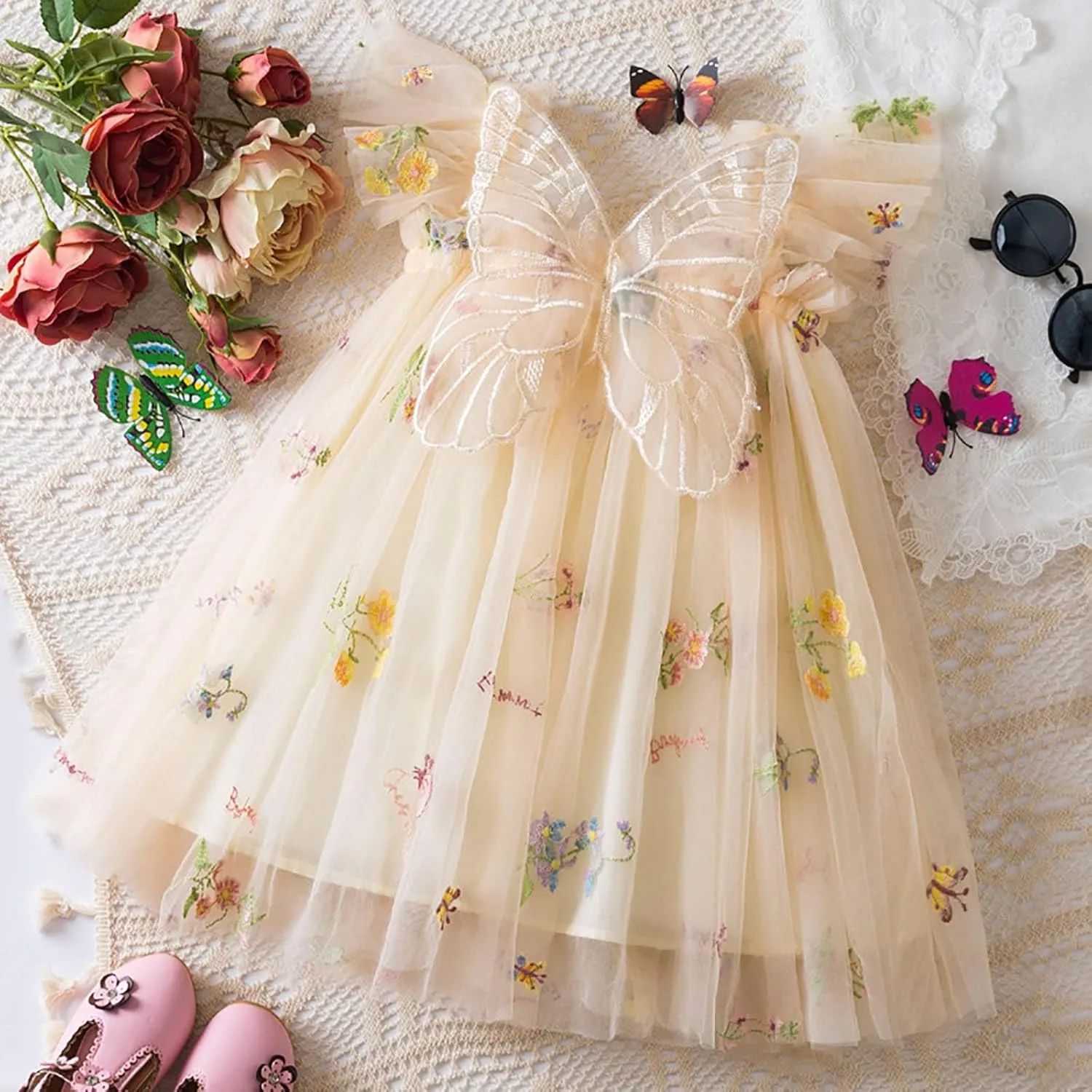 Toddler Baby Girl Tutu Dresses Ruffle Sleeve Butterfly Embroidery Mesh Tiered Birthday Dresses Kids Summer Clothes