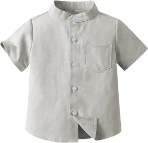 Toddler Boys Button Up Henley Shirt Baby Summer Linen Cotton Dress Shirts Kids Short Sleeve Tees Tops with One Pocket