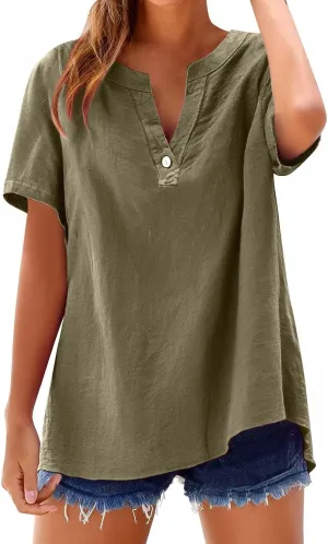 Tops for Women Trendy Summer 2025 Cotton Linen Button T-Shirts Short Sleeve V Neck Blouses Casual Loose Fit Outfits