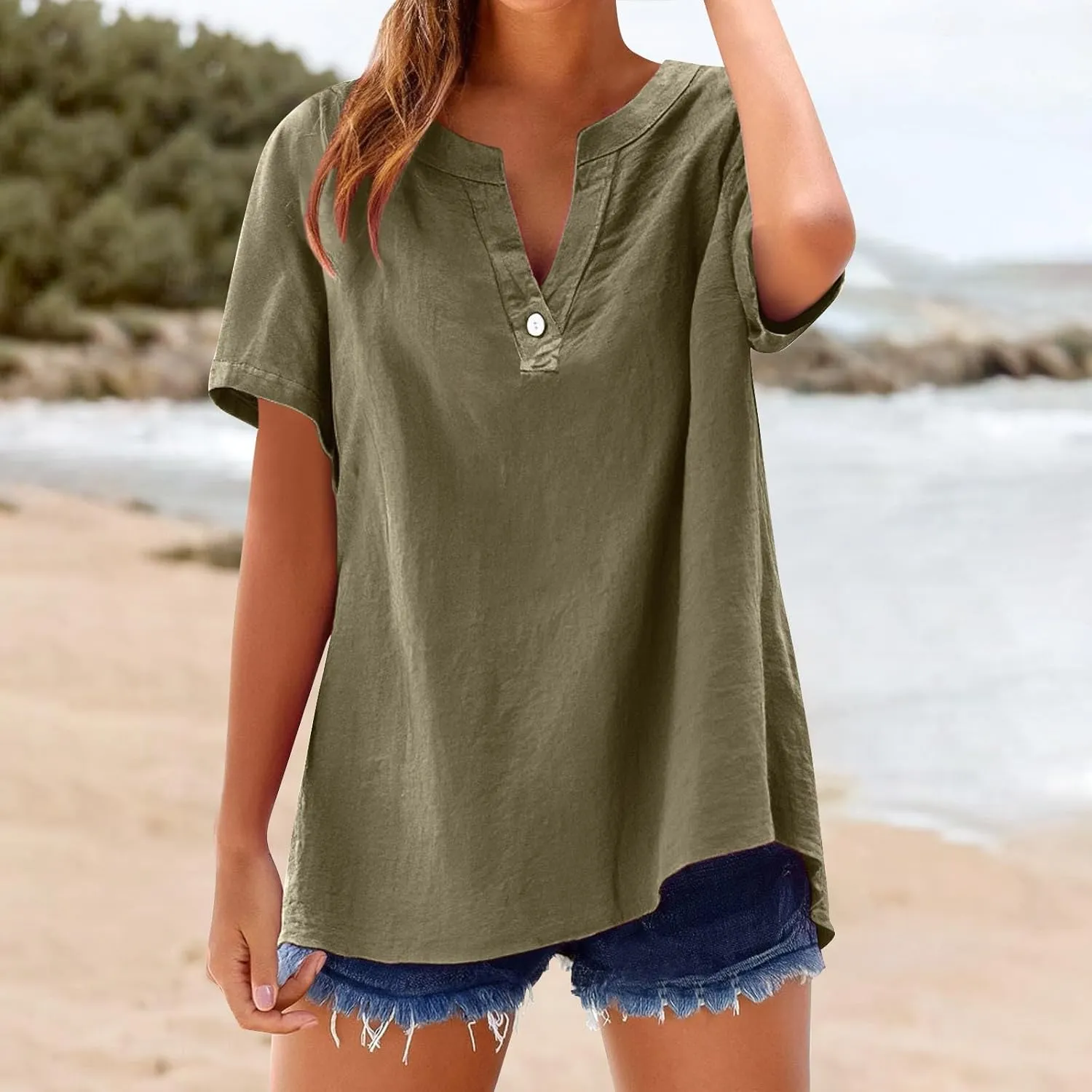 Tops for Women Trendy Summer 2025 Cotton Linen Button T-Shirts Short Sleeve V Neck Blouses Casual Loose Fit Outfits