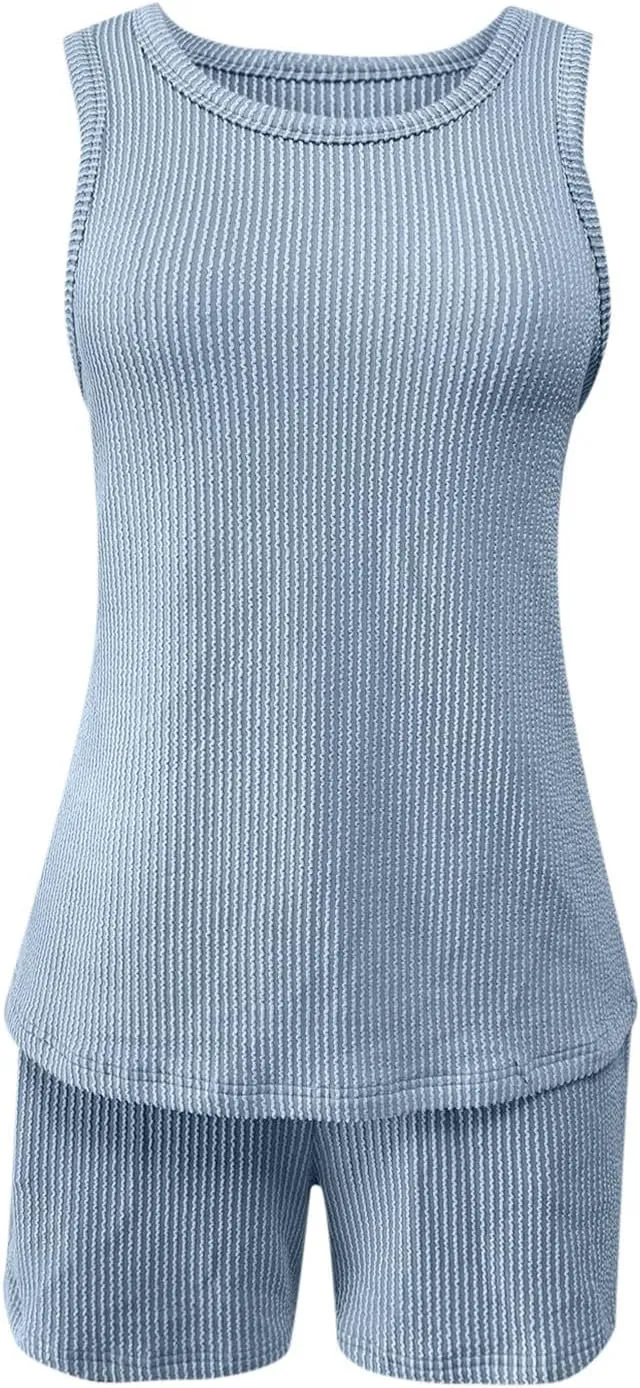 Two Piece Lounge Set for Women Sleeveless Pajamas Set Tank Top and Shorts Set Ribbed Knit Pjs Set Summer Sleepwear