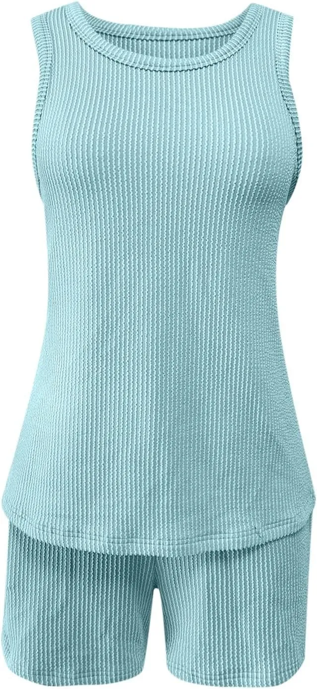 Two Piece Lounge Set for Women Sleeveless Pajamas Set Tank Top and Shorts Set Ribbed Knit Pjs Set Summer Sleepwear