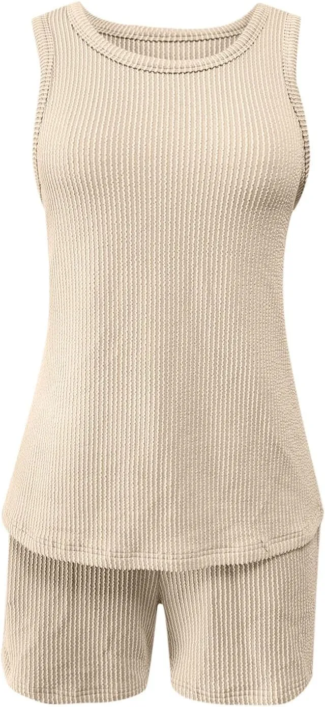 Two Piece Lounge Set for Women Sleeveless Pajamas Set Tank Top and Shorts Set Ribbed Knit Pjs Set Summer Sleepwear