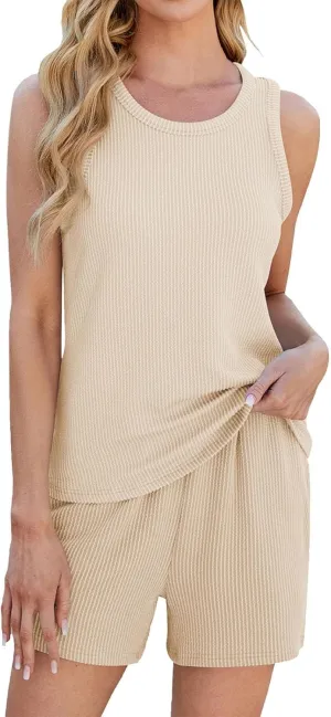 Two Piece Lounge Set for Women Sleeveless Pajamas Set Tank Top and Shorts Set Ribbed Knit Pjs Set Summer Sleepwear