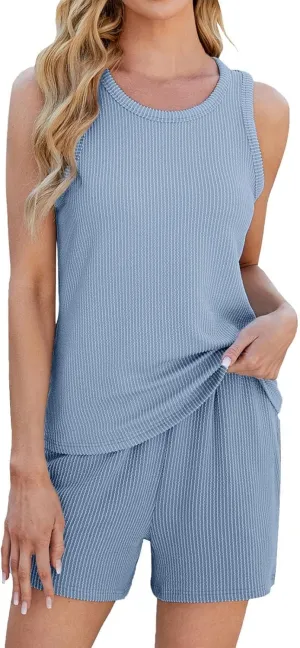 Two Piece Lounge Set for Women Sleeveless Pajamas Set Tank Top and Shorts Set Ribbed Knit Pjs Set Summer Sleepwear