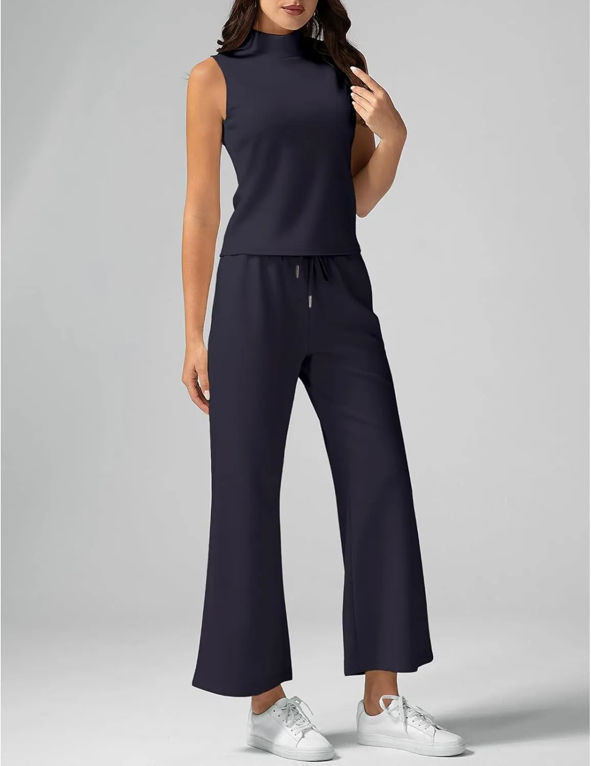 Two Piece Sets for Women Summer Outfits Mock Neck Tank Top Wide Leg Pants Beach Vacation Outfits Tracksuit