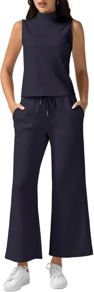 Two Piece Sets for Women Summer Outfits Mock Neck Tank Top Wide Leg Pants Beach Vacation Outfits Tracksuit
