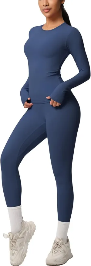 Two Pieces Women's Solid Backless Tracksuit Set Sleeves and Long Pants High-Waisted Tight Yoga Pants Long Sets