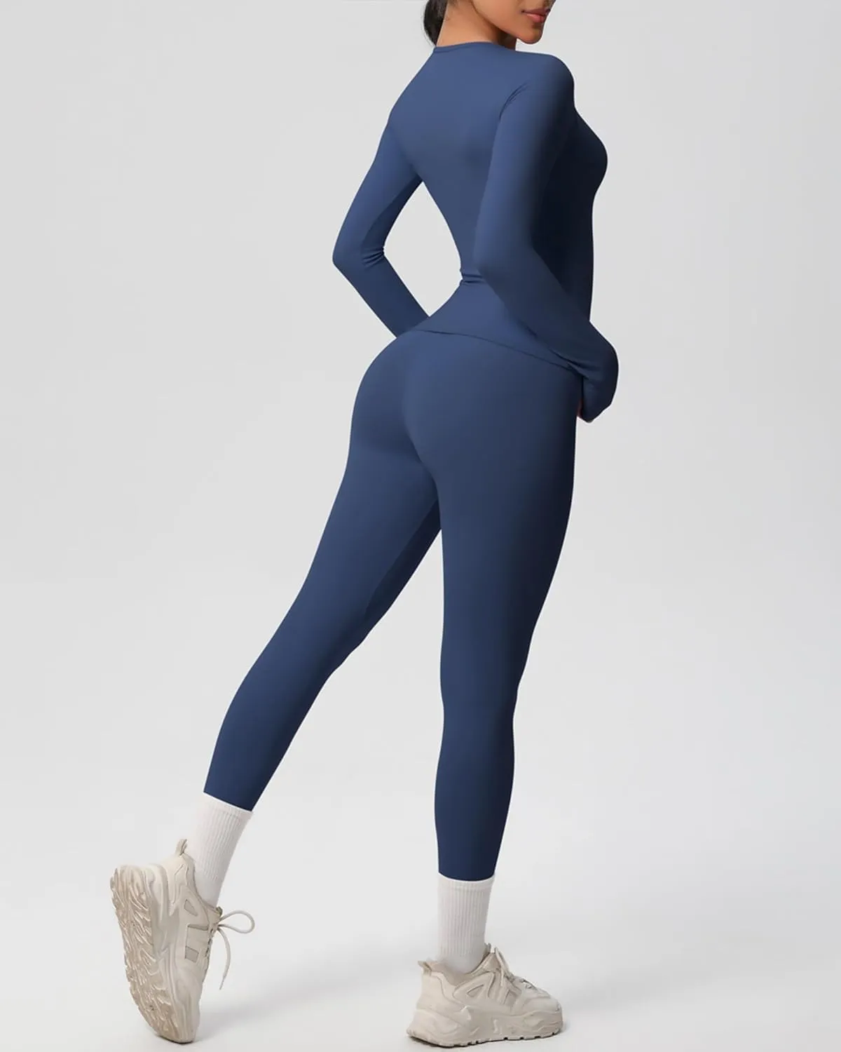 Two Pieces Women's Solid Backless Tracksuit Set Sleeves and Long Pants High-Waisted Tight Yoga Pants Long Sets