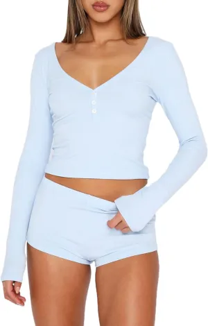 UAURORAO Women 2 Piece Ribbed Knit Pajamas Lounge Set Long Sleeve Button Crop Shirts Bodycon Shorts Outfits Matching Set