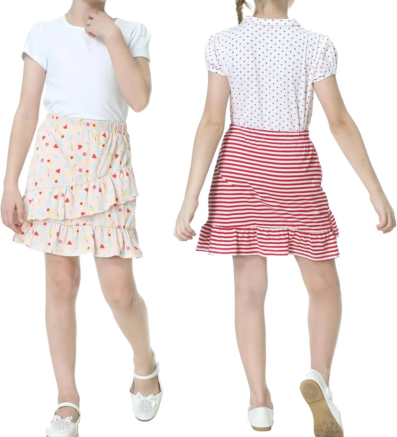 UNACOO 2 Packs 100% Cotton Tiered Ruffle Skirt with Elastic Waistband for Girls