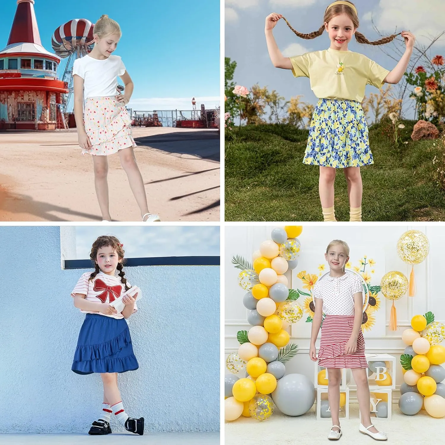 UNACOO 2 Packs 100% Cotton Tiered Ruffle Skirt with Elastic Waistband for Girls